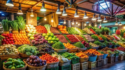Poster - Colorful market stall with fresh fruits and vegetables under soft light, fresh, market, stall, colorful, variety, fruits