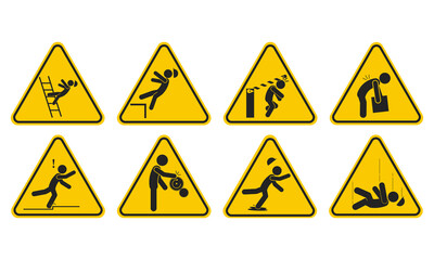 Bundle set triangle yellow safety industrial accident injury pictogram, fall, trip, wet floor, worker above