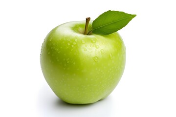 Wall Mural - Green apple with leaf on white background