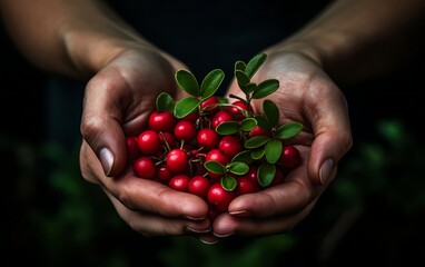 Wall Mural - Fresh Bearberry. Hand holding Bearberry fruits