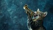 © TAEXS - A photo of a cat ecstatic playing trumpet, isolated on a dark blue background
