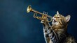 © TAEXS - A photo of a cat ecstatic playing trumpet, isolated on a dark blue background