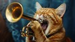 © TAEXS - A photo of a cat ecstatic playing trumpet, isolated on a dark blue background
