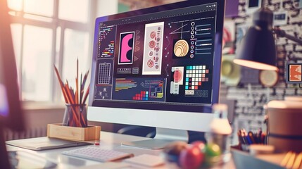 graphic design software interface with 'Design' typography, creative workspace setting
