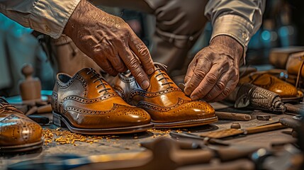 cobbler finishing leather shoes on workbench, traditional craftsmanship focus