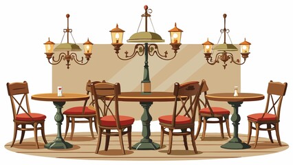 Wall Mural - old, tables, caf?, worn, Old caf? interior with worn wooden tables, metal chairs, and ornate chandeliers, isolated on white background