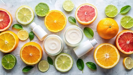 Wall Mural - Natural vitamin C skin care products with fresh citrus slices , skincare, vitamin C, natural, organic, beauty, citrus