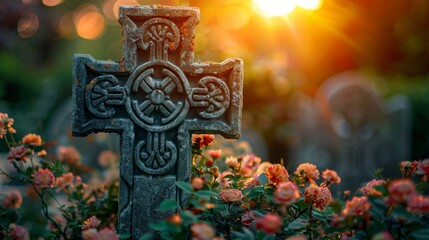 Sticker - Banner background of Church Day theme banner design for microstock, no text, and wide copy space, [Celtic Cross: A close-up of a Celtic cross in a churchyard], 