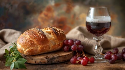 Banner background of Church Day theme banner design for microstock, no text, and wide copy space, [Communion Elements: Minimalist shot of communion bread and wine], 