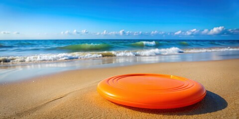 Canvas Print - Orange plastic frisbee disc on a background of sea, beach, and sky, Orange, plastic, frisbee, disc, sea, beach, sky, water