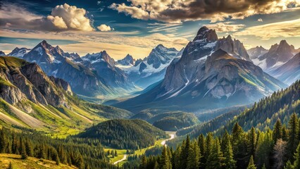 Sticker - Panoramic view of majestic mountain range overlooking a serene valley , mountains, peaks, landscape, nature, scenic