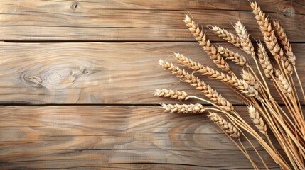 Ripe wheat ears on wooden background with space for text