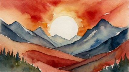 Mountains with half sun Red flame color in background watercolor design.