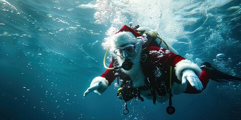 Wall Mural - Santa Claus snorkeling in the ocean and swimming underwater in his Santa suit and hat