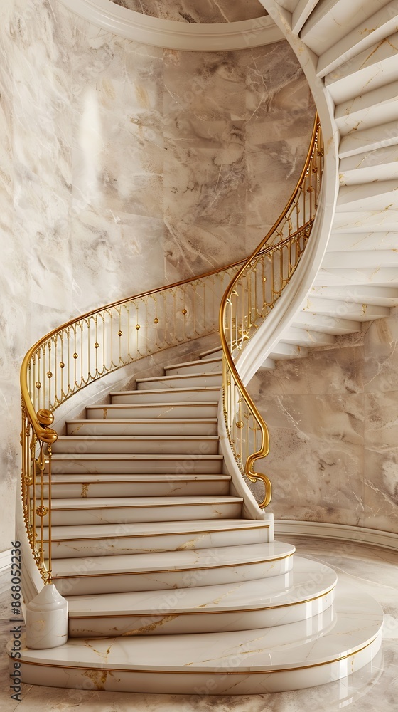 Elegant spiral staircase with marble steps, gold railings, and a soft ...