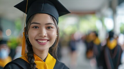 A woman wearing a black graduation cap and gown is smiling. She is wearing a yellow cord around her neck