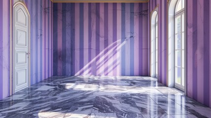 Sticker - Room with marble floor and purple striped wallpaper