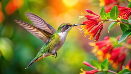 Wall Mural - Colorful hummingbird feeding on honeysuckle nectar, hummingbird, colorful, hovering, honeysuckle, flower, feeding, nectar