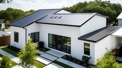 The image depicts a modern white house with a dark roof, featuring a large glass front door and multiple windows, set against a backdrop of a green forest.