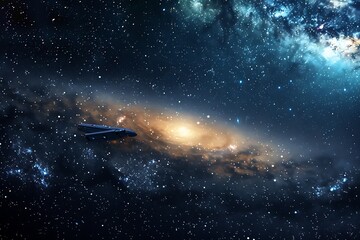 Wall Mural - A wallpaper of a starry galaxy with a subtle outline of a spaceship exploring the unknown