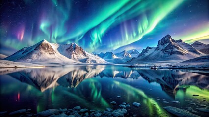 Poster - Snow covered mountains in the arctic north with magical northern lights reflecting off the water, snow, arctic, north