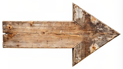 Wall Mural - Rustic, weathered, old wooden arrow sign on isolated white background, pointing direction, worn, aged, and distressed, natural texture visible.