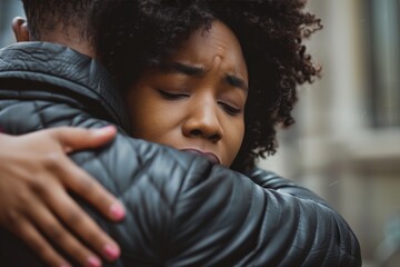 Woman Hugging a Man with a Look of Dejection