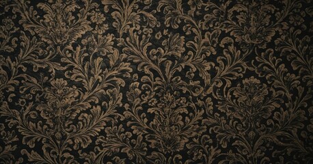 A close-up of a textured black fabric with a repeating gold floral pattern