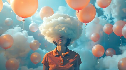 A surreal image of a woman with a cloud for a head, surrounded by floating balloons in a dreamy, pastel-colored sky. balloon, balloons, birthday, sky, child, celebration, party, fun, holiday, boy, col