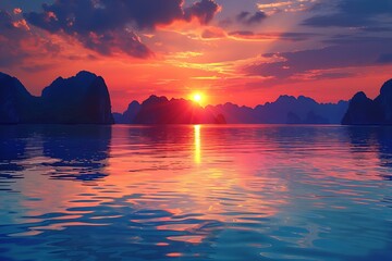 Wall Mural - A stunning sunset over the tranquil waters of Halong Bay with silhouetted karst limestone formations. sunset, sea, sky, ocean, water, sun, landscape, sunrise, nature, beach, evening, coast, clouds, or