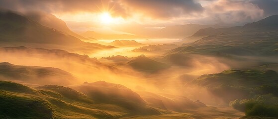 Wall Mural - A breathtaking sunrise over the lush, mist-covered Scottish Highlands, illuminating the valleys and hills with a golden glow. sunset, sea, sky, water, landscape, ocean, sunrise, sun, nature, coast, be