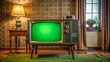 © DigitalArt Max - Old fashioned television set with green screen displaying static noise in a vintage living room with outdated furniture.