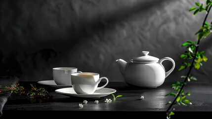 a tea set on a sleek black table, a white teapot with two cups of tea