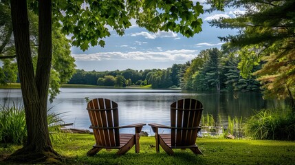 Two wooden chairs facing a scenic lake with trees and clear blue sky in the background