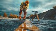 © sirisakboakaew - Collaboration of surveyor engineers utilizing a theodolite for accurate measurements during road construction. Illustrates teamwork and technical skills.