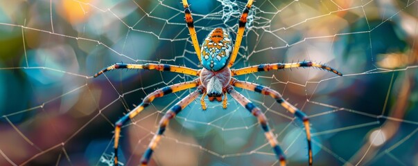 Colorful spider on a web with blurred background, macro photography. Nature and wildlife concept