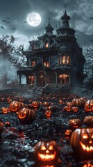 Poster - Haunted mansion bathed in lunar glow surrounded by carved pumpkins in a spooky,supernatural landscape