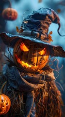 Sticker - Haunting Pumpkin Scarecrow Silhouette in Fog-Shrouded Graveyard at Midnight