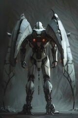 Wall Mural - Powerful Cyber Mech Silhouette with Unfurled Mechanical Wings and Protective Helmet