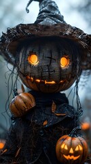 Canvas Print - Spooky Scarecrow Face Adorned with Pumpkins and Jack-o'-lanterns in Graveyard Backdrop