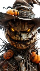 Sticker - Spooky Scarecrow Face with Pumpkins and 3D Render