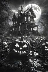 Canvas Print - Spooky Haunted House Under Eerie Full Moon with Glowing Pumpkins in Cinematic Black and White Style