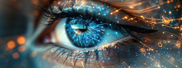 Wall Mural - Blue eye decorated with glowing electrical circuits.