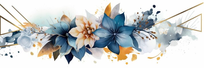 Wall Mural - Abstract luxury floral watercolor banner with elegance elements and splashes. Golden line with blue and gold flower decorated and line arrangement with white background. Elegant design concept. AIG35.