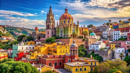 Poster - Vibrant Mexican town with colorful houses and cathedral on hill , Mexico, town, cathedral, colorful, houses