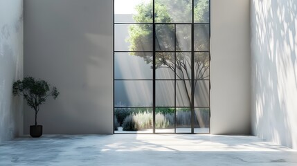 Wall Mural - A sleek black metal door with frosted glass panels, perfectly centered against a light gray wall. The area is devoid of any distracting elements, on the door's elegant structure.