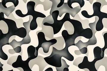 Wall Mural - A wallpaper with a pattern of abstract, interlocking shapes in a monochrome palette