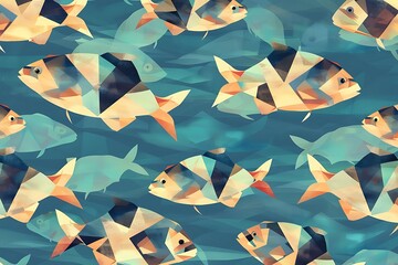 Wall Mural - A wallpaper with a pattern of stylized, geometric fish swimming in a sea of blue
