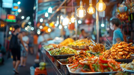 Wall Mural - A vibrant street food market captured in the photo, with the bustling crowd in focus and the stalls in a soft blur. The lively atmosphere are reminiscent of popular travelogues.