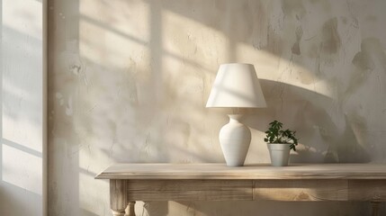 Canvas Print - White lamp above table made of wood